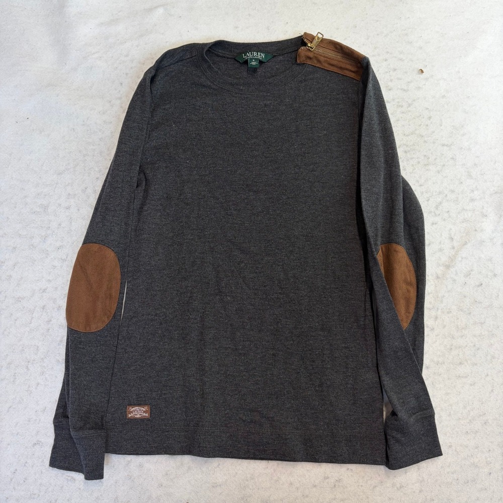 Lauren Ralph Lauren Long Sleeve Top Womens Small Gray Elbow Patch Shoulder Zip